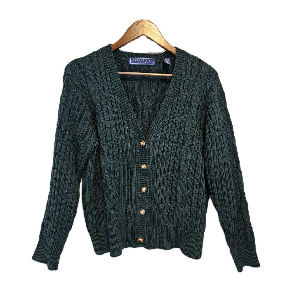 Karen Scott Cable Knit Green Button Front Cardigan Long Sleeve Sweater Medium PM